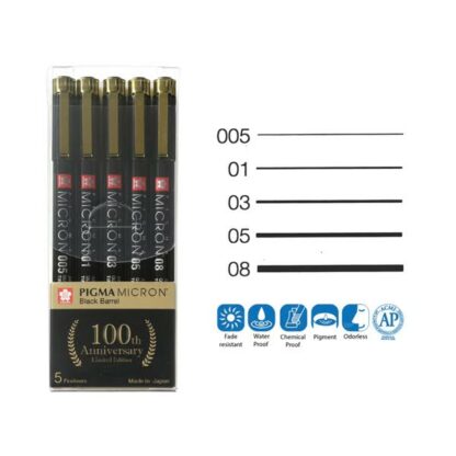 Pigma Micron Black Barrel 5 Black Pen Set Grades