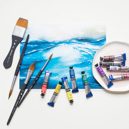 Princeton-Aqua-Elite-Brushes-with-Daler-Rowney-Aquafine-watercolour-paints