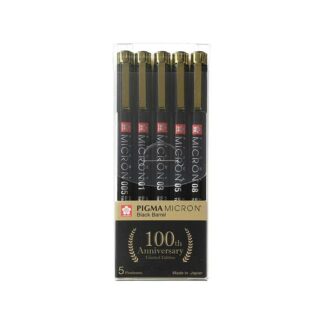 Pigma Micron Black Barrel Limited Edition 100th Anniversary 5 Black Pen Set