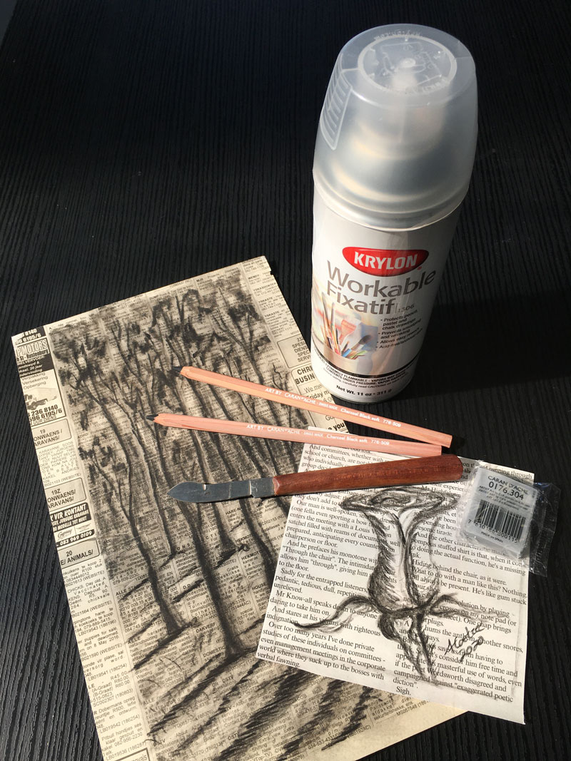 Artsavingsclub-charcoal-sketch-done-on-newspaper-and-krylon-workable-fixatif-spray