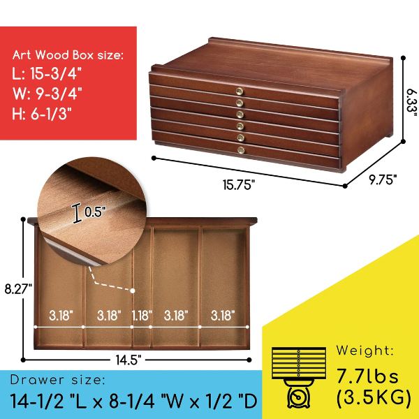 MEEDEN 6-DRAWER WOOD STORAGE BOX LIGHT WALNUT COLOR MEASUREMENTS