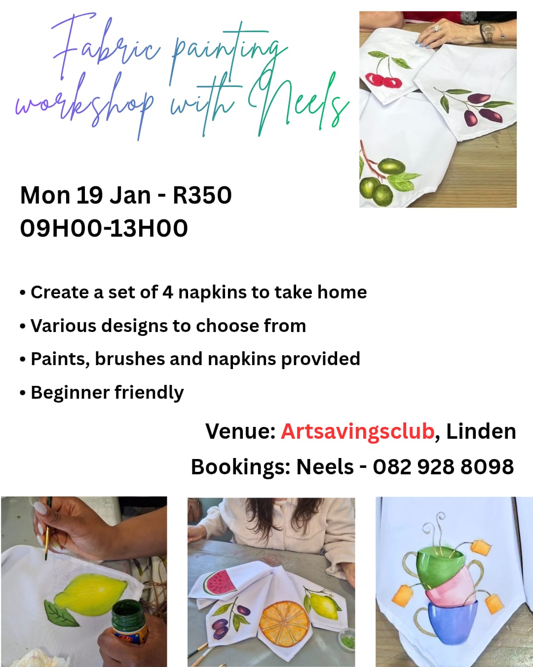 19 Jan '26 Mon 9h00-13h00 Fabric painting Workshop With Neels