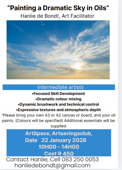 22 Jan '26 Thur 10h00-14h00 Painting a Dramatic Sky in Oils With Hanlie