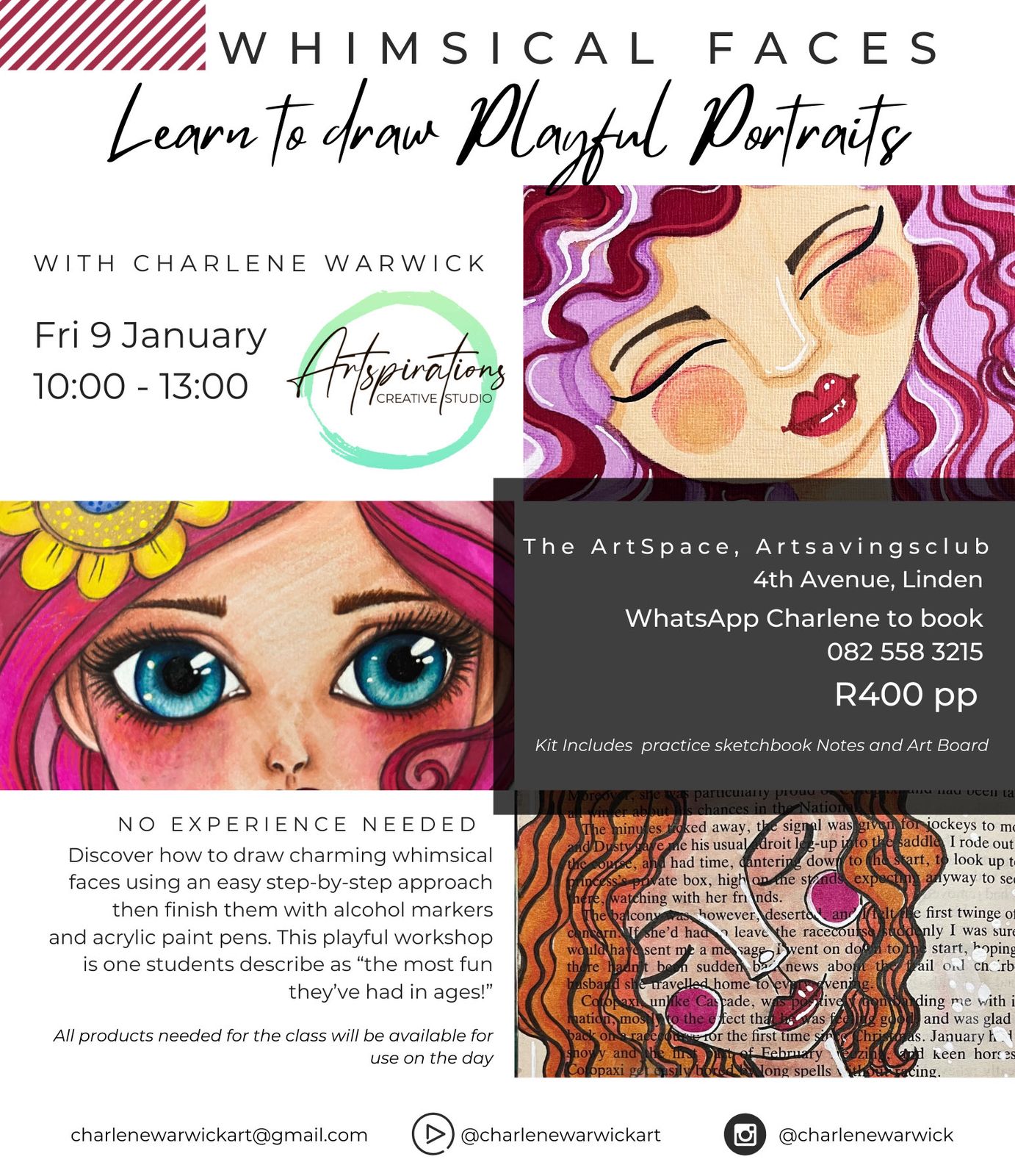 9 Jan '26 Fri 10h00-13h00 Learn to draw Playful Portraits with Charlene Warwick