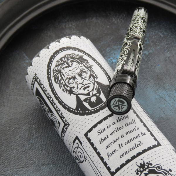 RETRO 51 TORNADO POPPER ROLLERBALL PEN DORIAN GREY PACKAGING TUBE AND TOP DISC DETAIL